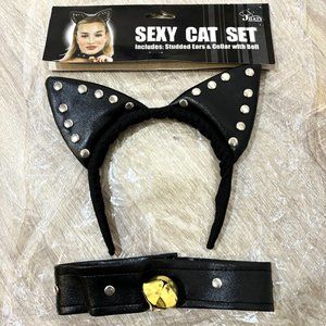 Sexy Studded Faux Leather Cat Set With Bell Collar